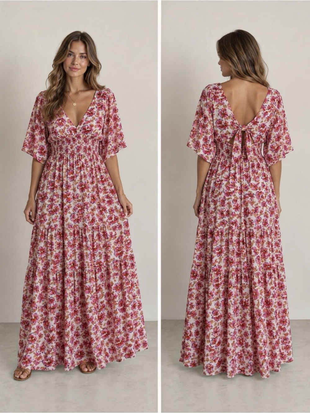 Code X Mode XL Pink Floral Boho Maxi Dress Tie Back V Neck
